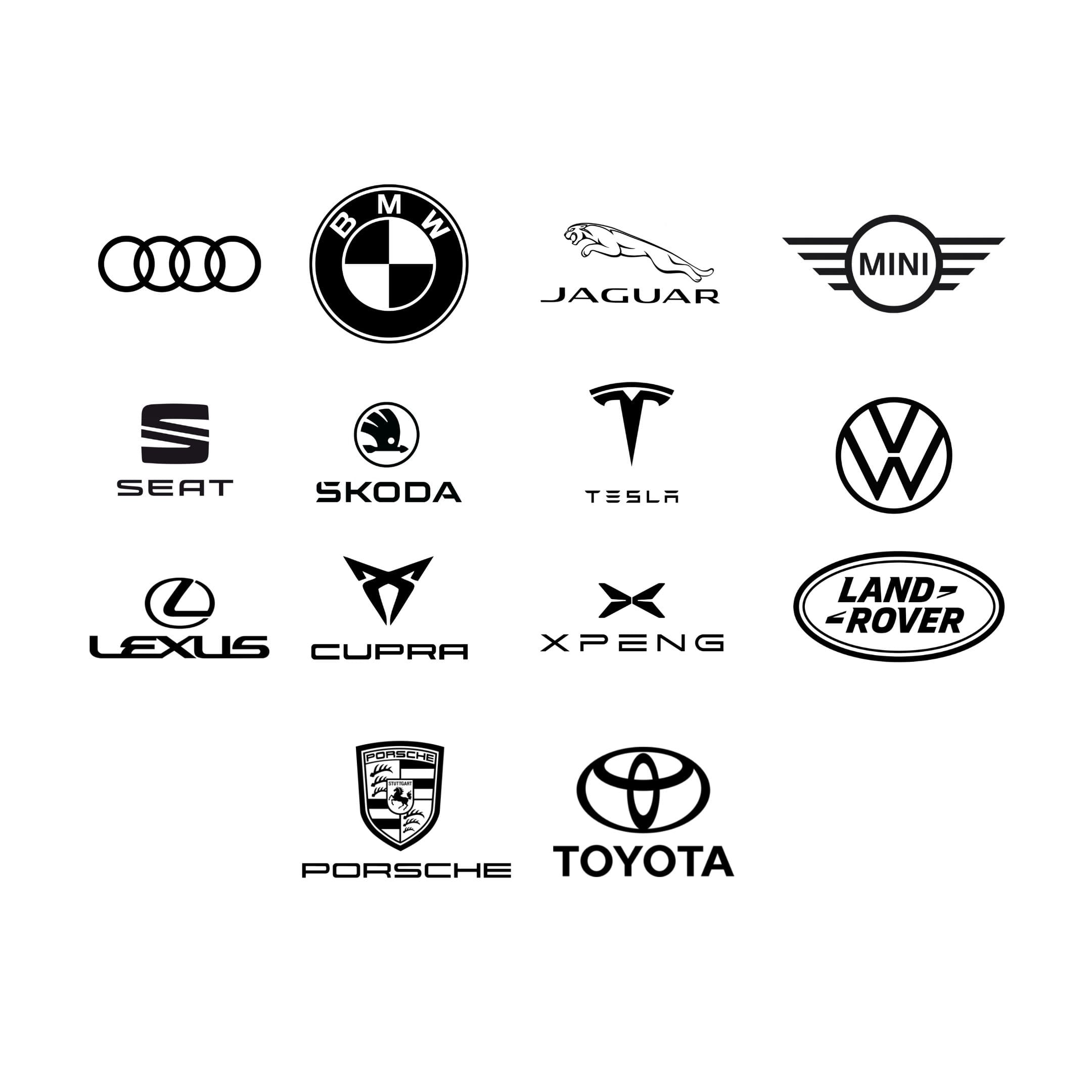 Alle automerken die compatibel zijn met Eneco SlimLaden: Audi, BMW, Mini, Jaguar, Seat, Skoda, Tesla, Volkswagen, Lexus, Cupra, Xpeng, Land Rover, Porsche en Toyota.