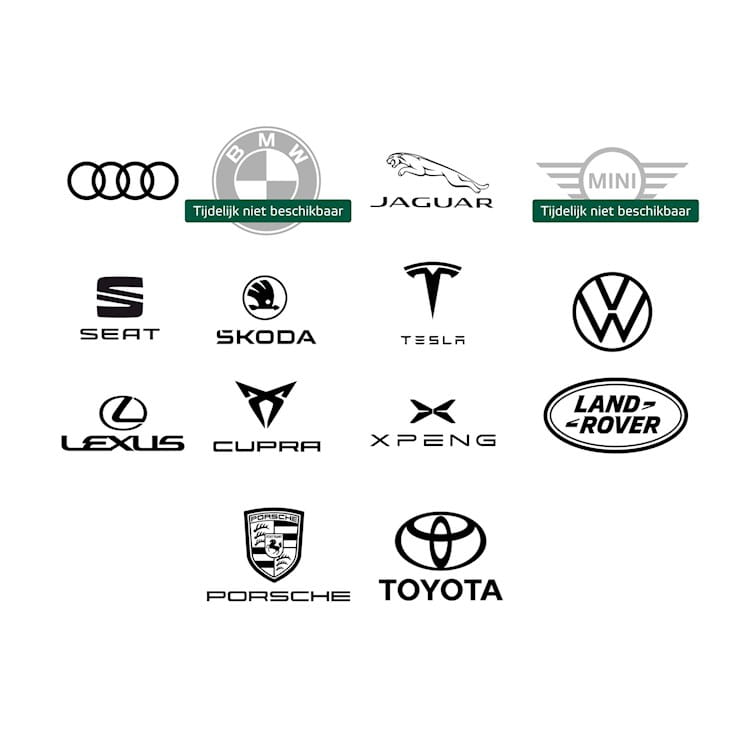 Alle automerken die compatibel zijn met Eneco SlimLaden: Audi, Jaguar, Seat, Skoda, Tesla, Volkswagen, Lexus, Cupra, Xpeng, Land Rover, Porsche en Toyota. Tijdelijk onbeschikbaar: BMW en Mini.