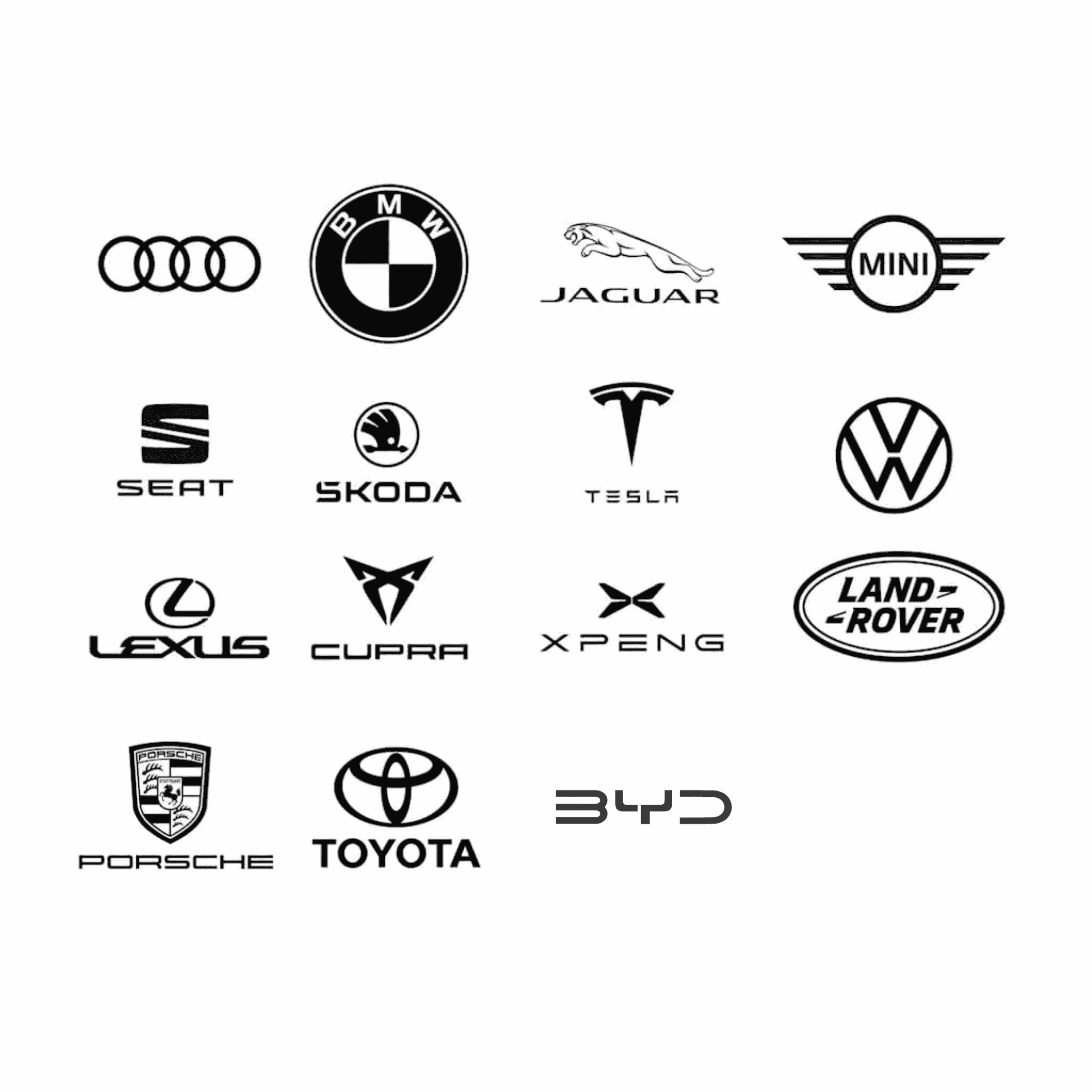Alle automerken die compatibel zijn met Eneco SlimLaden: Audi, BMW, Mini, Jaguar, Seat, Skoda, Tesla, Volkswagen, Lexus, Cupra, Xpeng, Land Rover, Porsche en Toyota.
