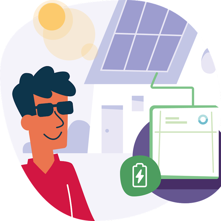 Illustratie van man die van de zon geniet terwijl zijn thuisbatterij oplaadt via de zonnepanelen