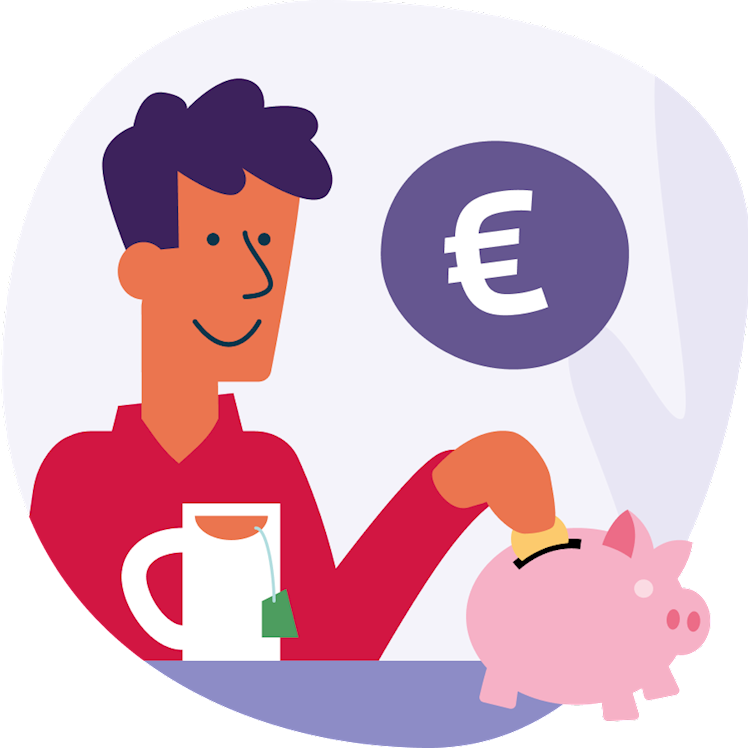Illustratie van een man die geld in zijn spaarvarken stopt